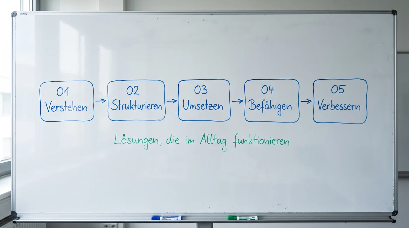 Whiteboard: Verstehen, Strukturieren, Umsetzen, Befähigen, Verbessern